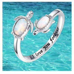 Turtle with Baby Turtle Ring Adjustable Inscribed I Love You Forever Opals Synth